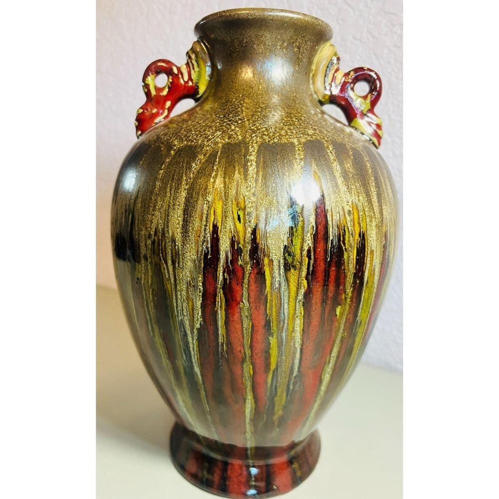 Vtg‎ Vase Ceramic Drip Glaze Metallic Gold Red Olive Swirl Handles Mystique 12in